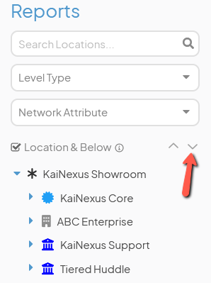 The Reports Location panel with an arrow pointing to the expand icon