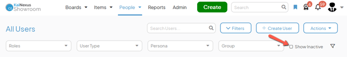 The People page with an arrow pointing to the Show Inactive checkbox