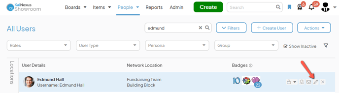 The People page with an arrow pointing to the pencil icon next to a user
