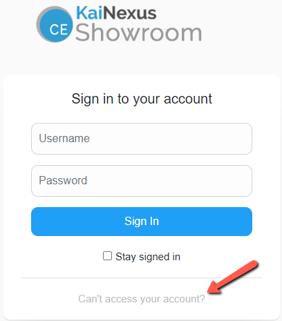 The login page with an arrow pointing to the Cant access your accoun option