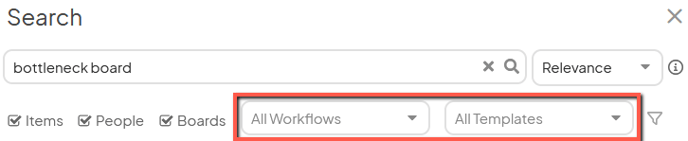 The search window with the Workflows and Templates drop-downs marked