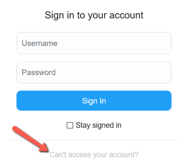 The sign in screen with an arrow pointing to the Cant access your account option